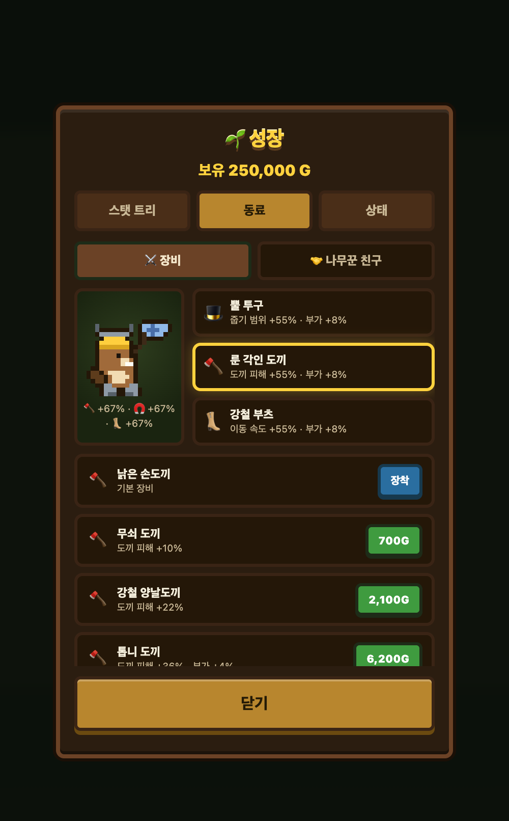 Gear shop screen showing hats, axes and boots across eight upgrade tiers