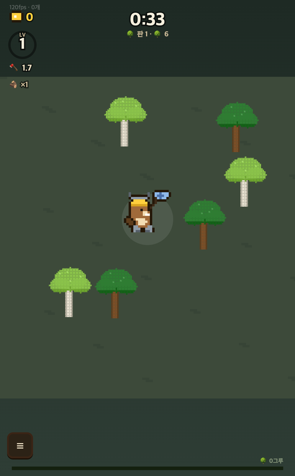 Gameplay: the beaver chopping trees while logs scatter across the forest floor